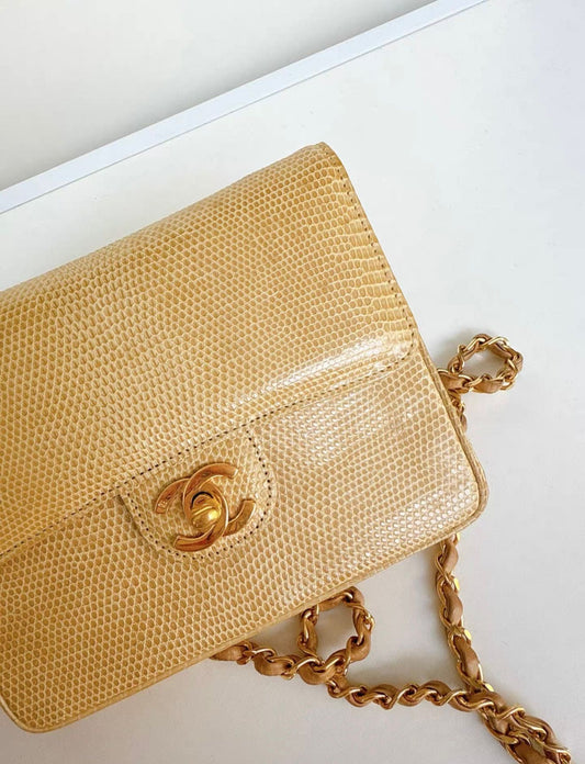 Chanel Vintage Flap Bag in Beige Lizard Leather and gold hardware