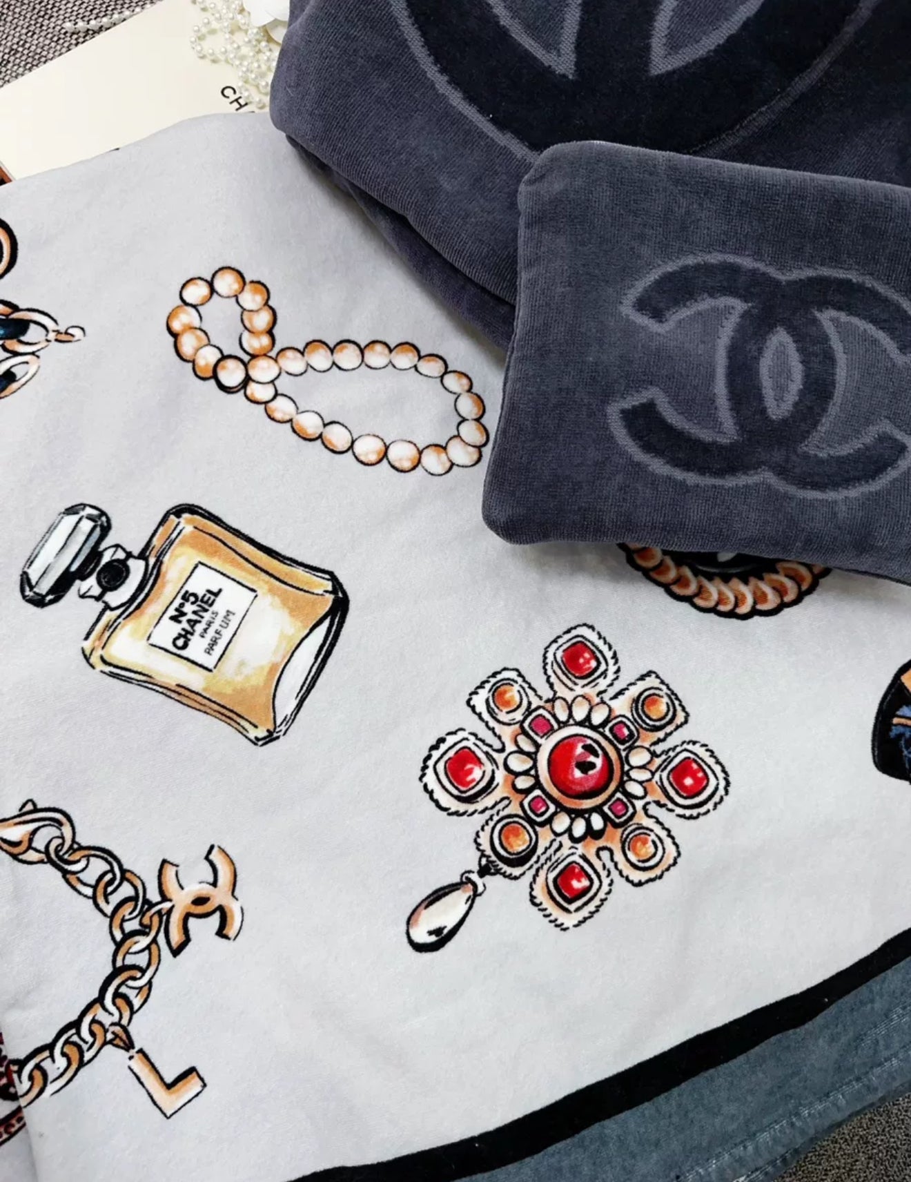 Chanel 20A limited edition gray graffiti beach bag & towel set