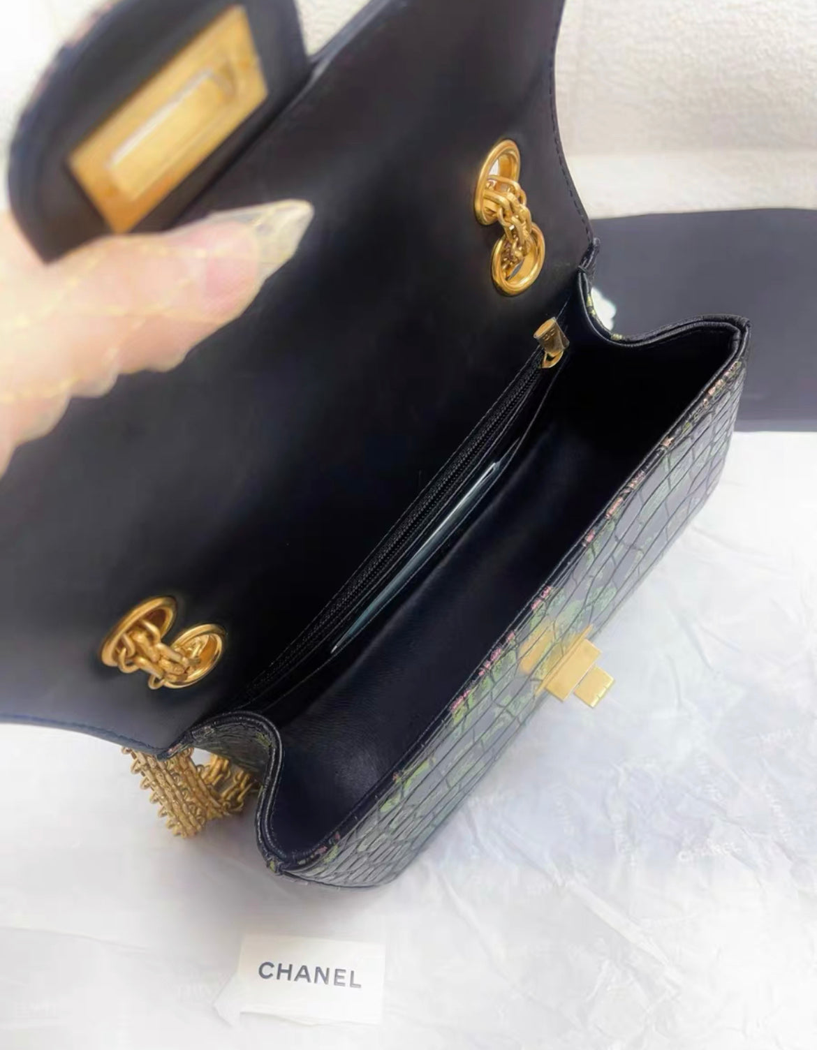 CHANEL 19A IRIDESCENT PINK, GREEN AND GOLD GRAFFITI PRINT BLACK