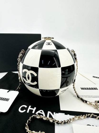 Chanel 23C Black and White Resin and Enamel Checker Sphere Minaudiere Pale Gold Hardware