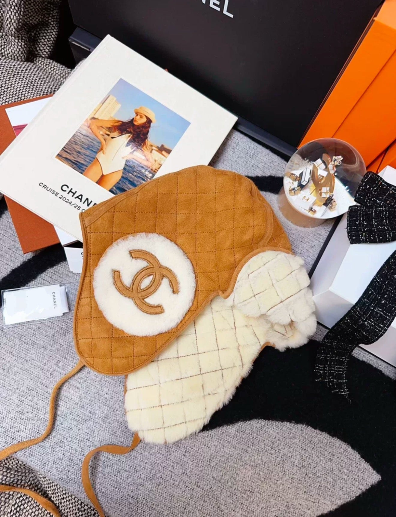 Chanel 24N coco neige ski series brown and white shearling hat