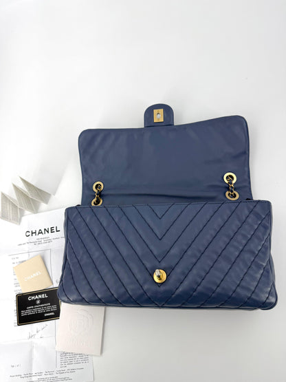 Chanel blue leather flap bag gold hardware