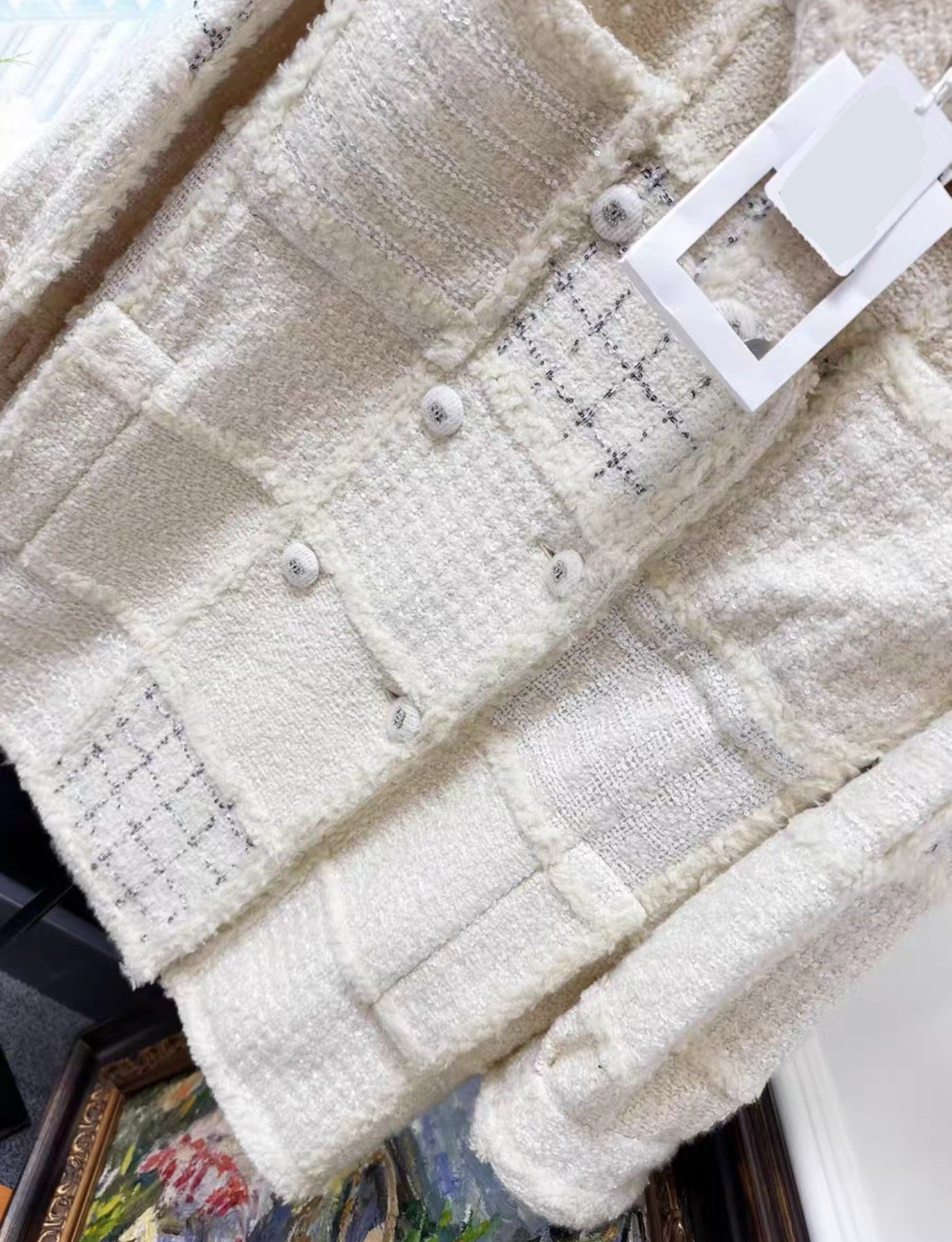 Chanel 21k white ecru tweed coat