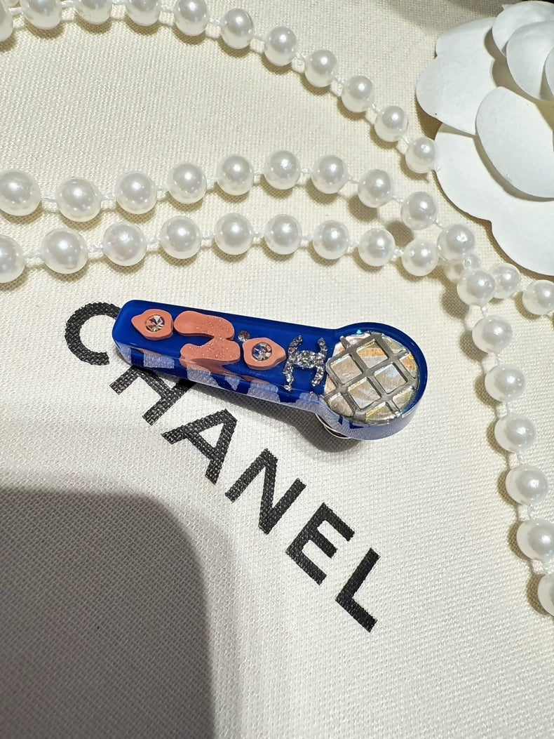 Chanel 22p Blue and Pink Acrylic Double C Microphone Brooch
