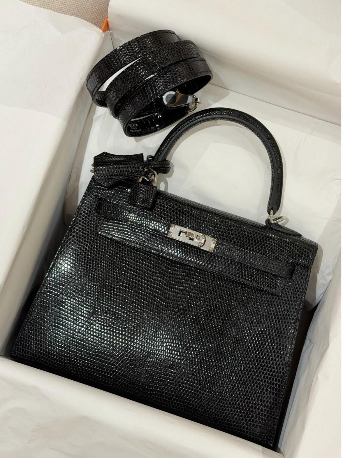 Hermes Kelly 25 Black Lizard Palladium Hardware