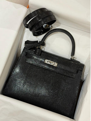 Hermes Kelly 25 Black Lizard Palladium Hardware