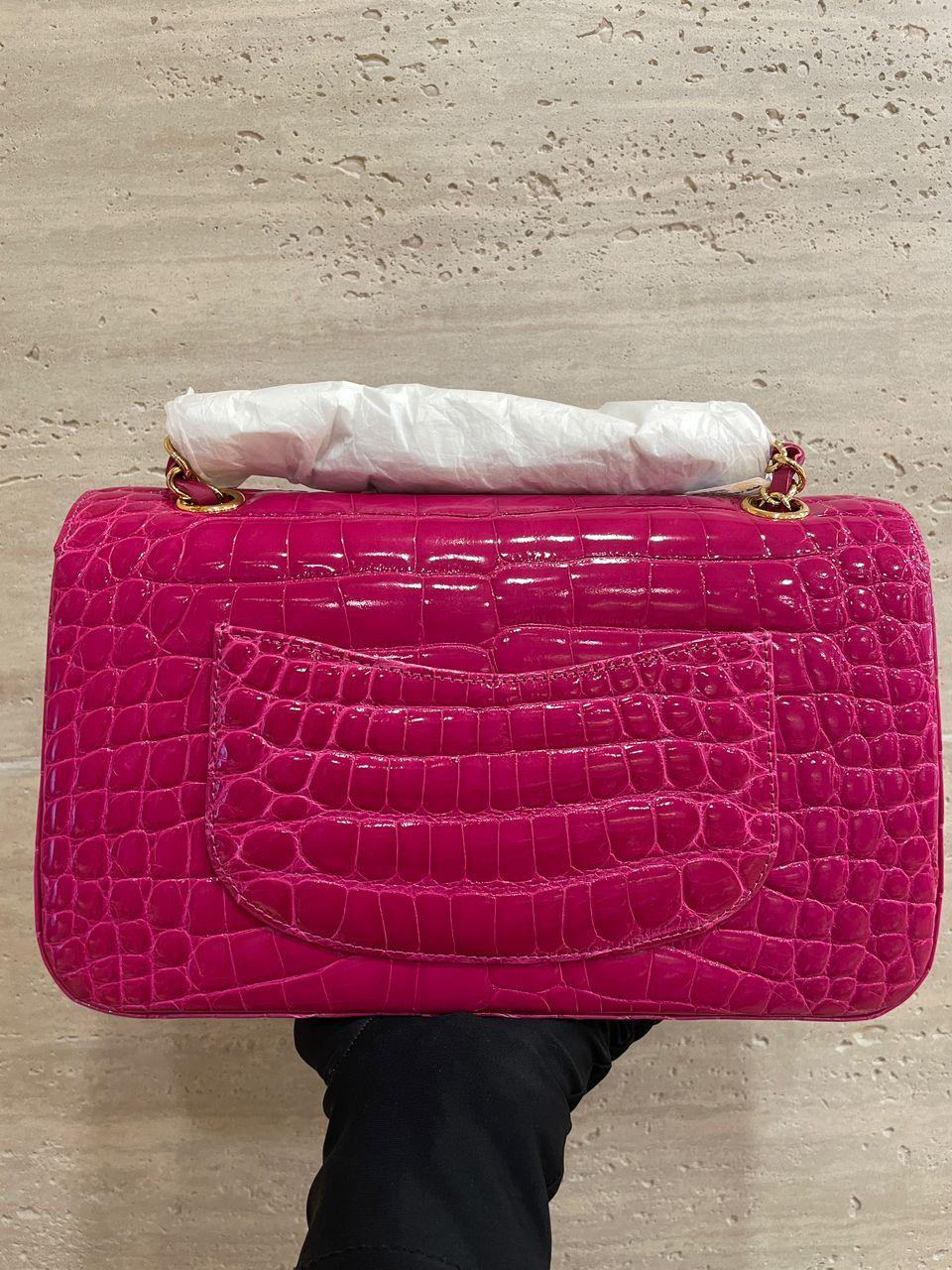 Chanel Medium Pink crocodile Alligator Flap Bag Gold Hardware