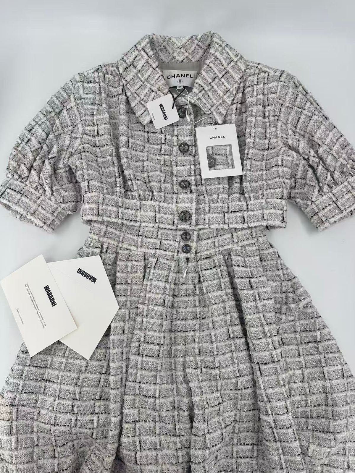 Chanel 22C Tweed Black, White, and Grey Check wide Pants