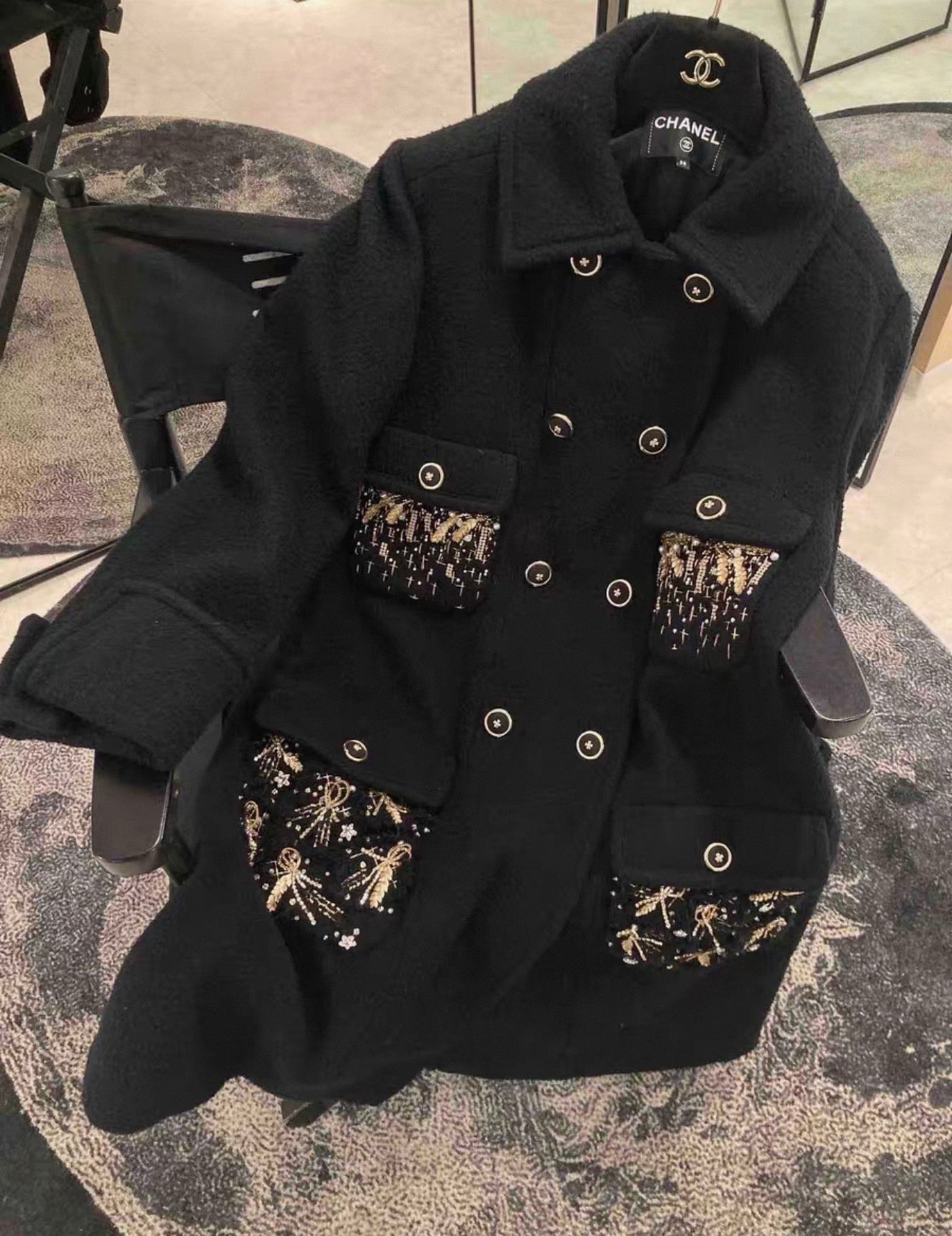 Chanel 20A black coat with gold embroidery details 38FR