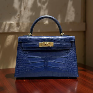 Hermes Mini Kelly 20 Bleu Sapphire Matte Alligator Gold hardware