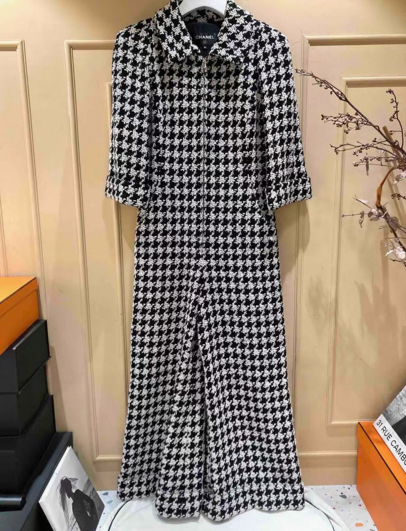 Chanel 17K black and white houndstooth jumpsuit