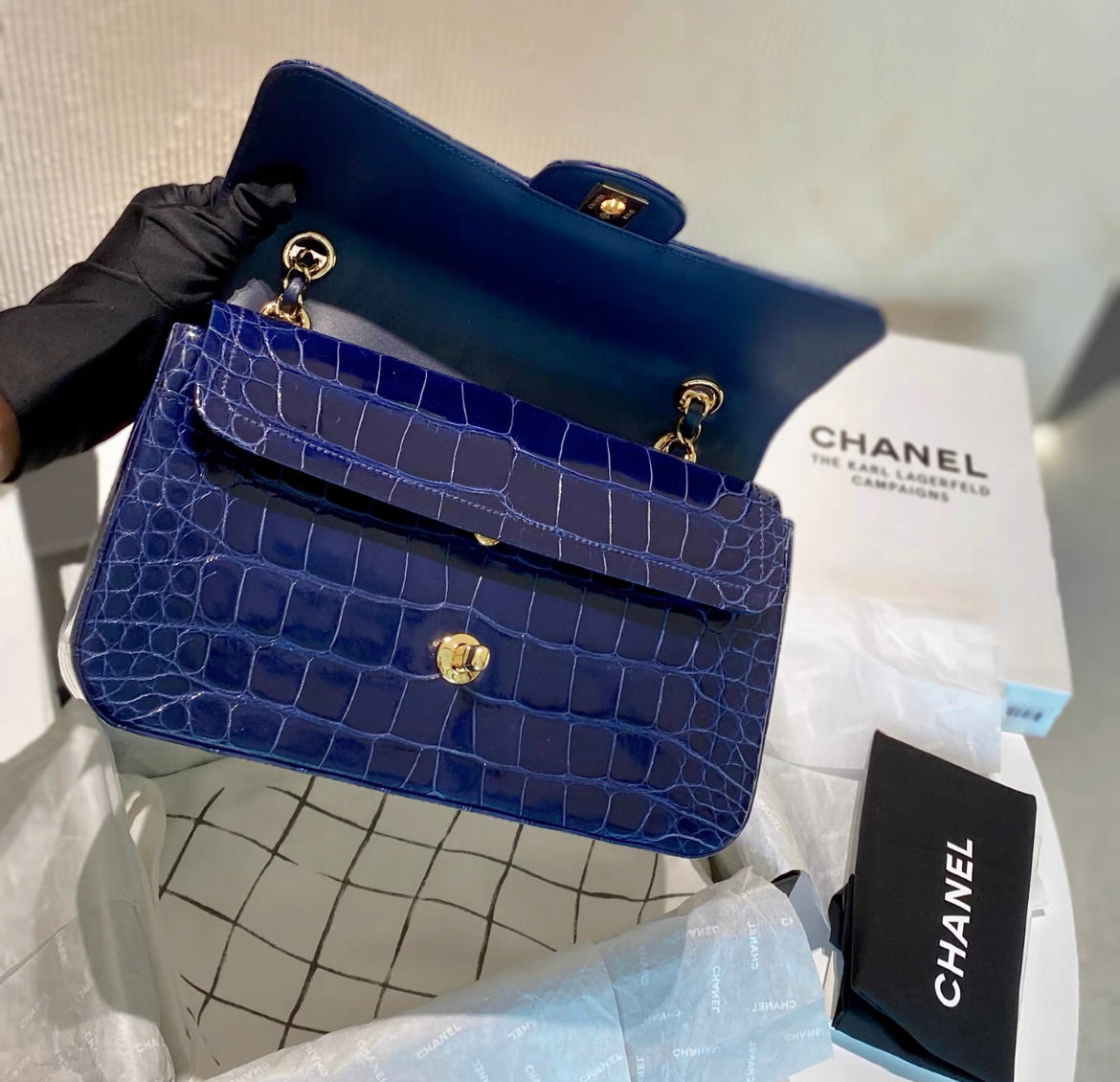 CHANEL SHINY BLUE ALLIGATOR CLASSIC FLAP BAG WITH GOLD HARDWARE