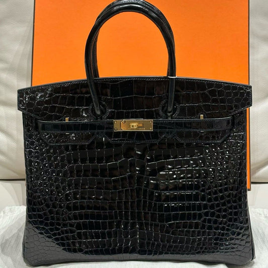 Hermes Birkin 35 Black Shiny Porosus Gold hardware