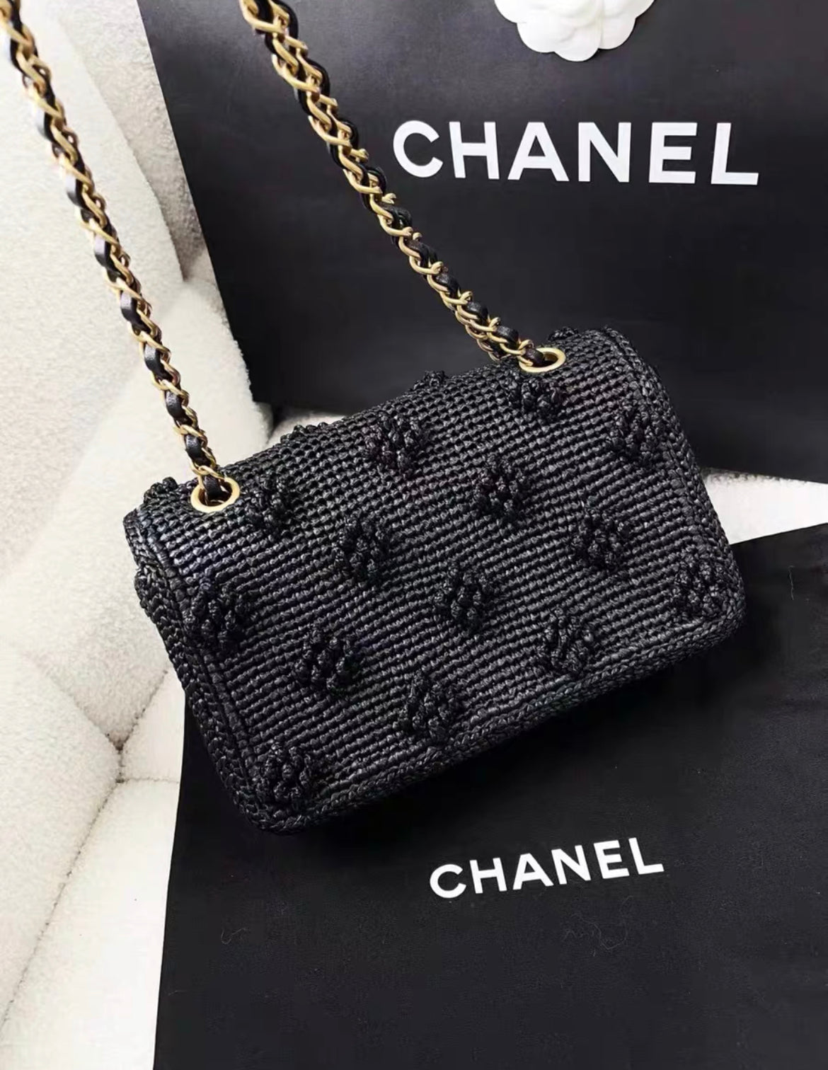 Chanel 24P Black Raffia Woven Classic Flap Bag Handbag 2024 Rare