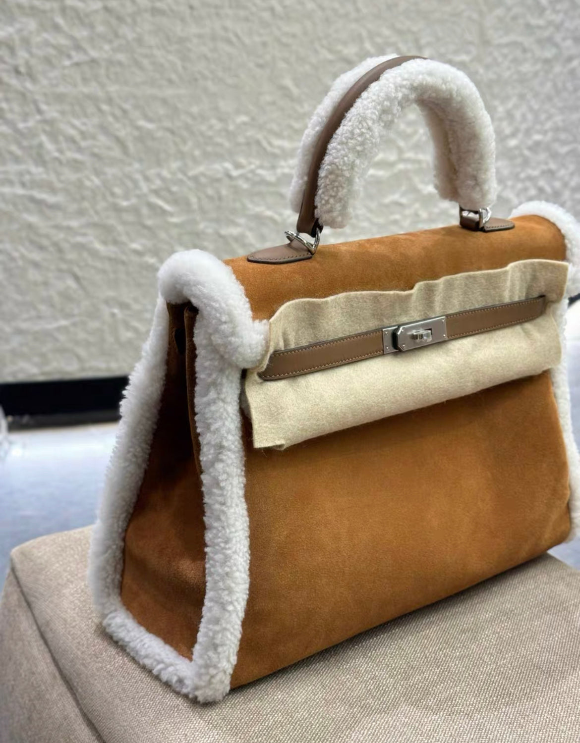 Hermès Kelly 35 Teddy Plush Shearling Chamois/Ecru/Alezan Palladium Hardware