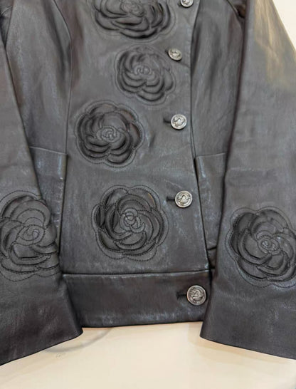 Chanel 10A black Camelia Lambskin  Leather jacket