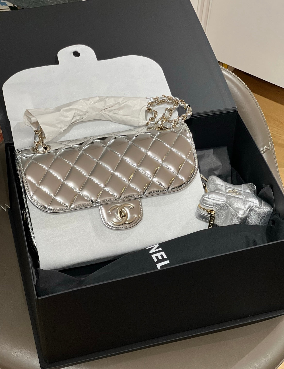 Chanel 24C Rectangle Flap, Silver Mirror Patent Leather With Star Coin Purse And Gold Hardware, New In Box