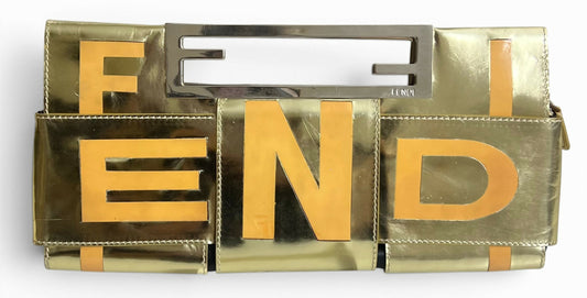 Rare Vintage Fendi 2007 Limited Edition Metallic Gold Patent Leather Crossword Clutch Bag