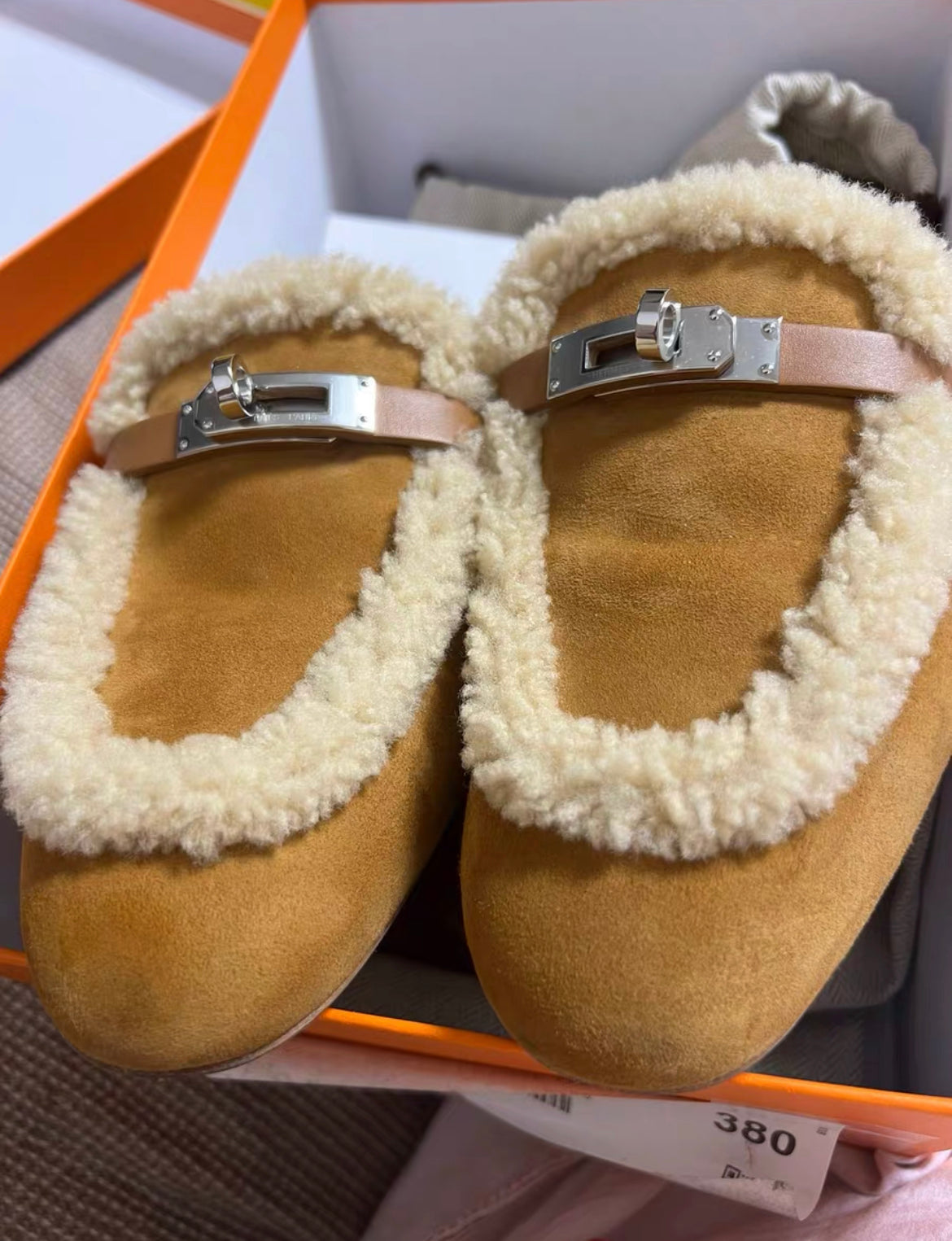 Hermes Oz Mule in Suede Natural Shearling Silver Kelly Buckle Size 38