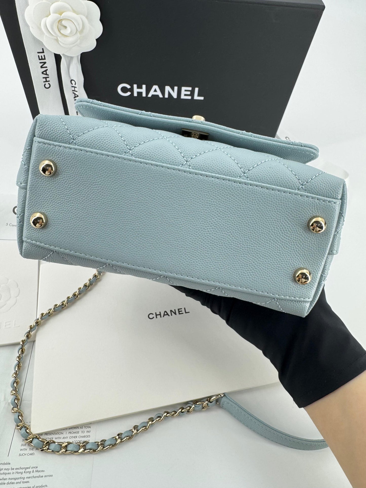 Chanel baby blue grained leather mini coco handle with light gold hardware