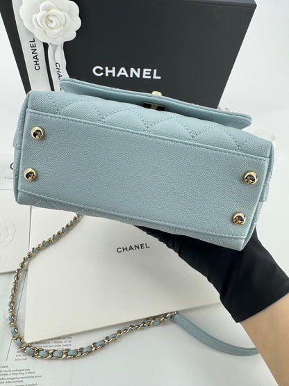 Chanel baby blue grained leather mini coco handle with light gold hardware