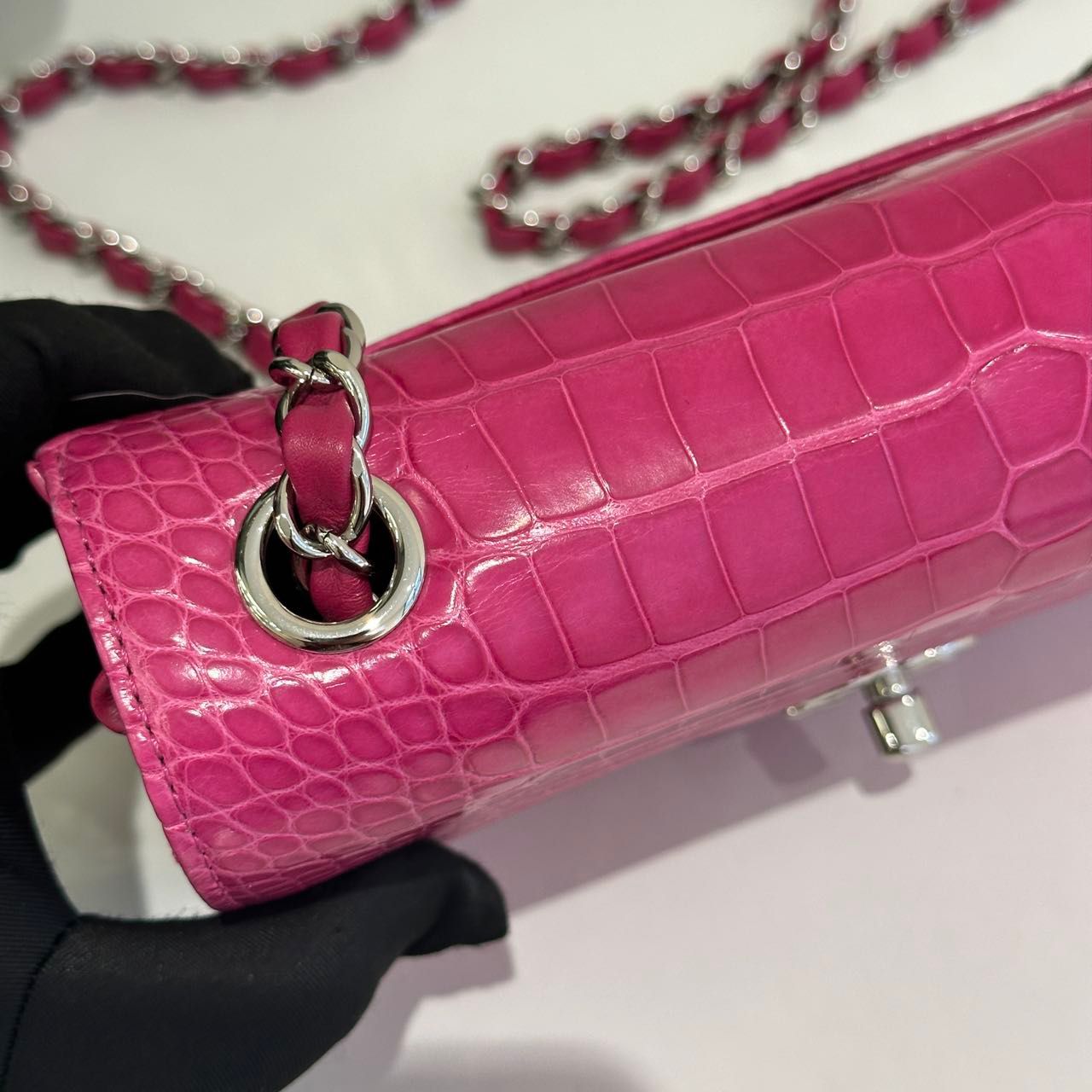 Chanel pink Alligator leather mini flap silver hardware