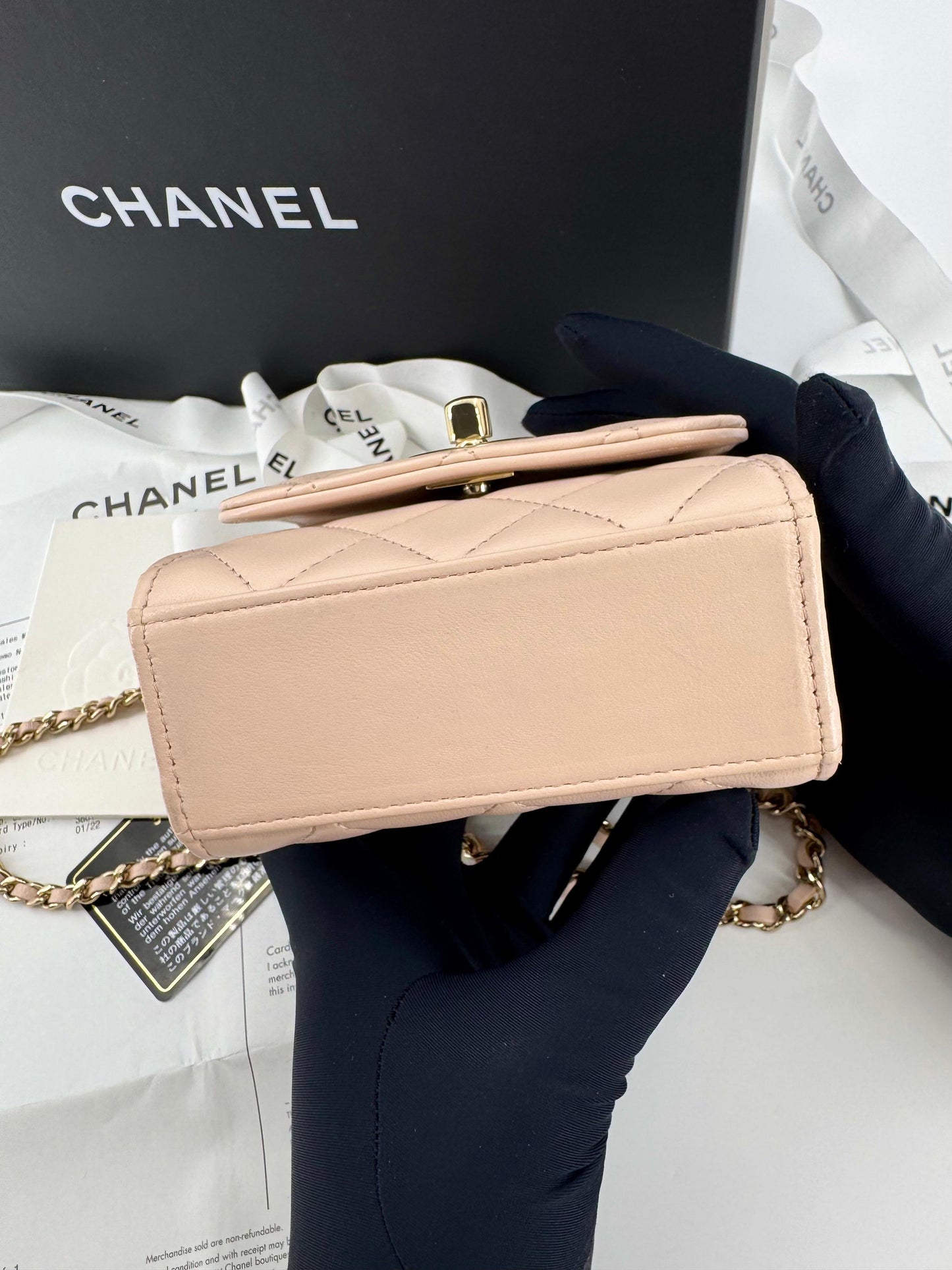 Chanel peach quilted leather coin purse with gold chain strap