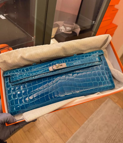 Hermès Shiny Niloticus Crocodile Kelly Cut Pochette Bleu Izmir