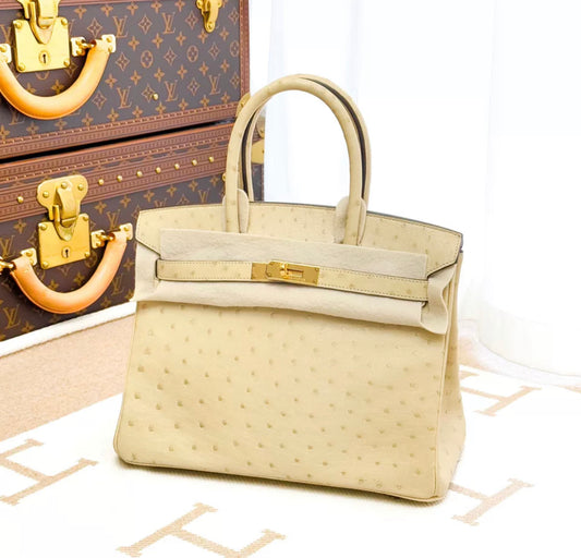 HERMES BIRKIN 30 OSTRICH 3C PARCHEMIN GOLD HARDWARE