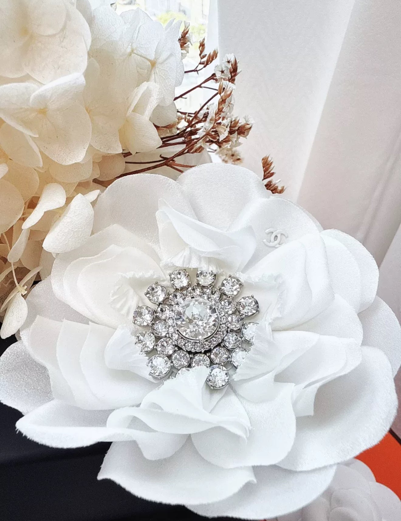 Chanel 25a Haute Couture white silk camellia brooch
