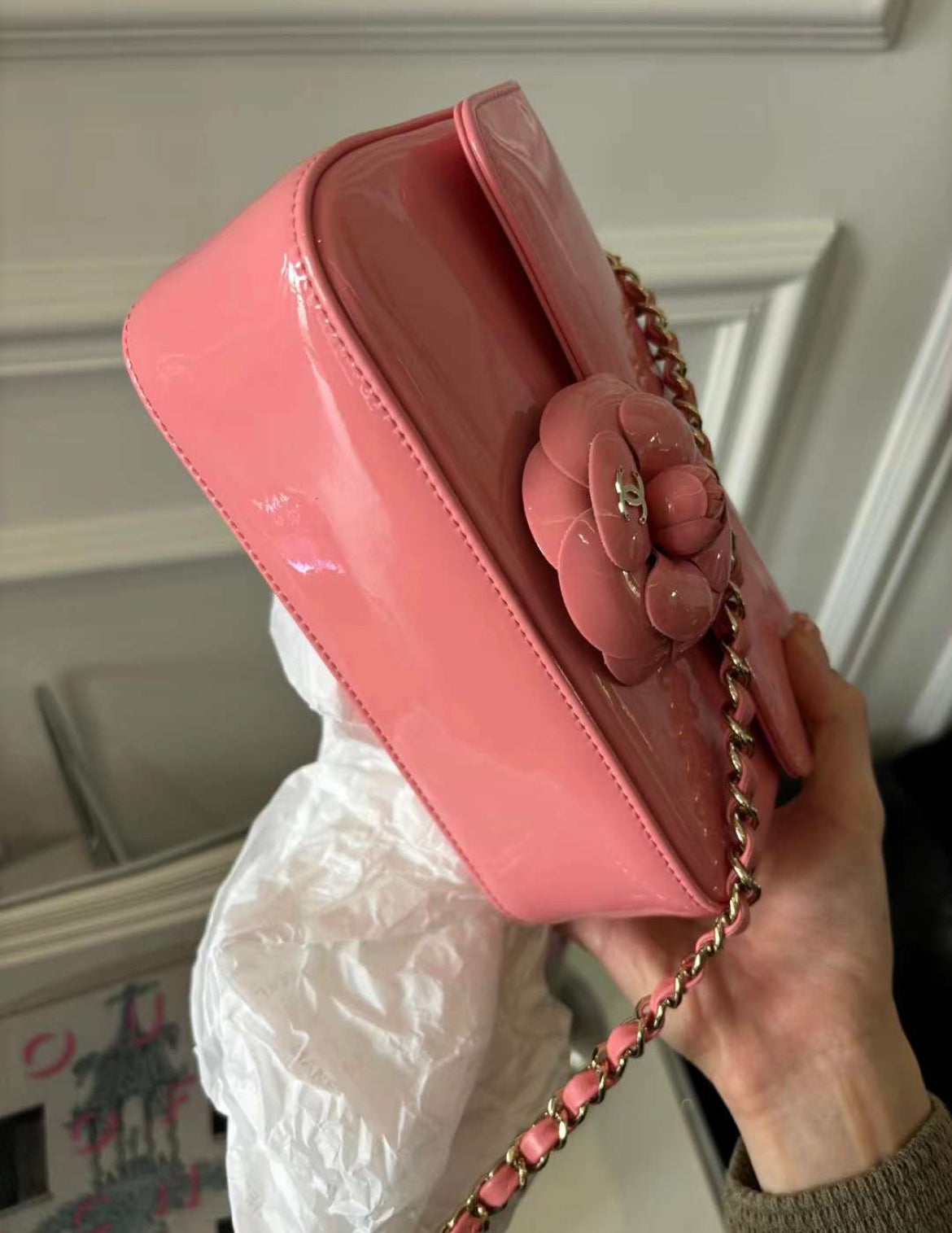 chanel 23k pink patent leather camellia large mini shoulder bag