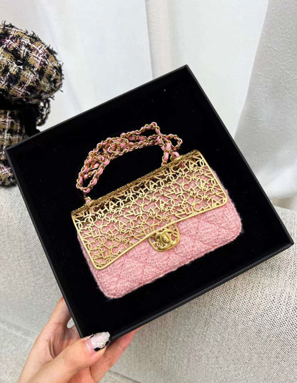 CHANEL Metal Tweed Logo CC Minaudiere Flap Bag Pink Gold