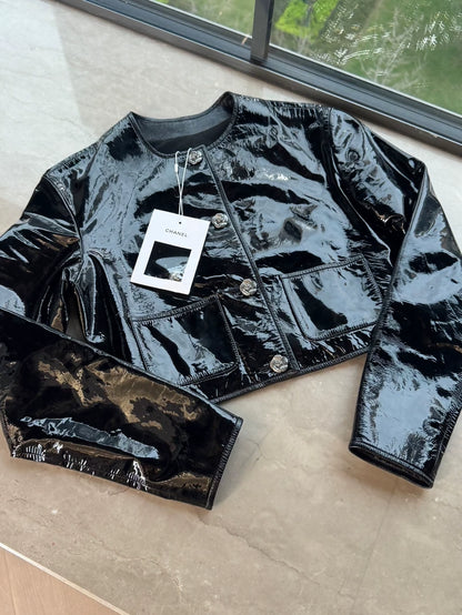Chanel 23K Camellia Button Patent Leather Black Jacket