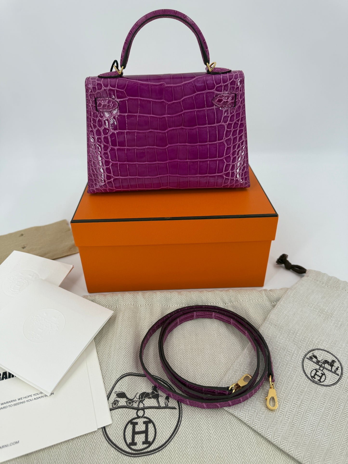 Hermes Mini Kelly 20 Rose Scheherazade Shiny Alligator Gold hardware