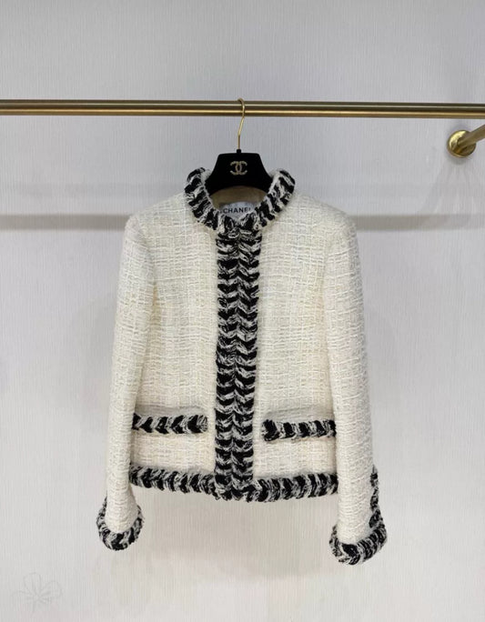 CHANEL 20B ECRU/ WHITE TWEED JACKET BRAIDED TRIM