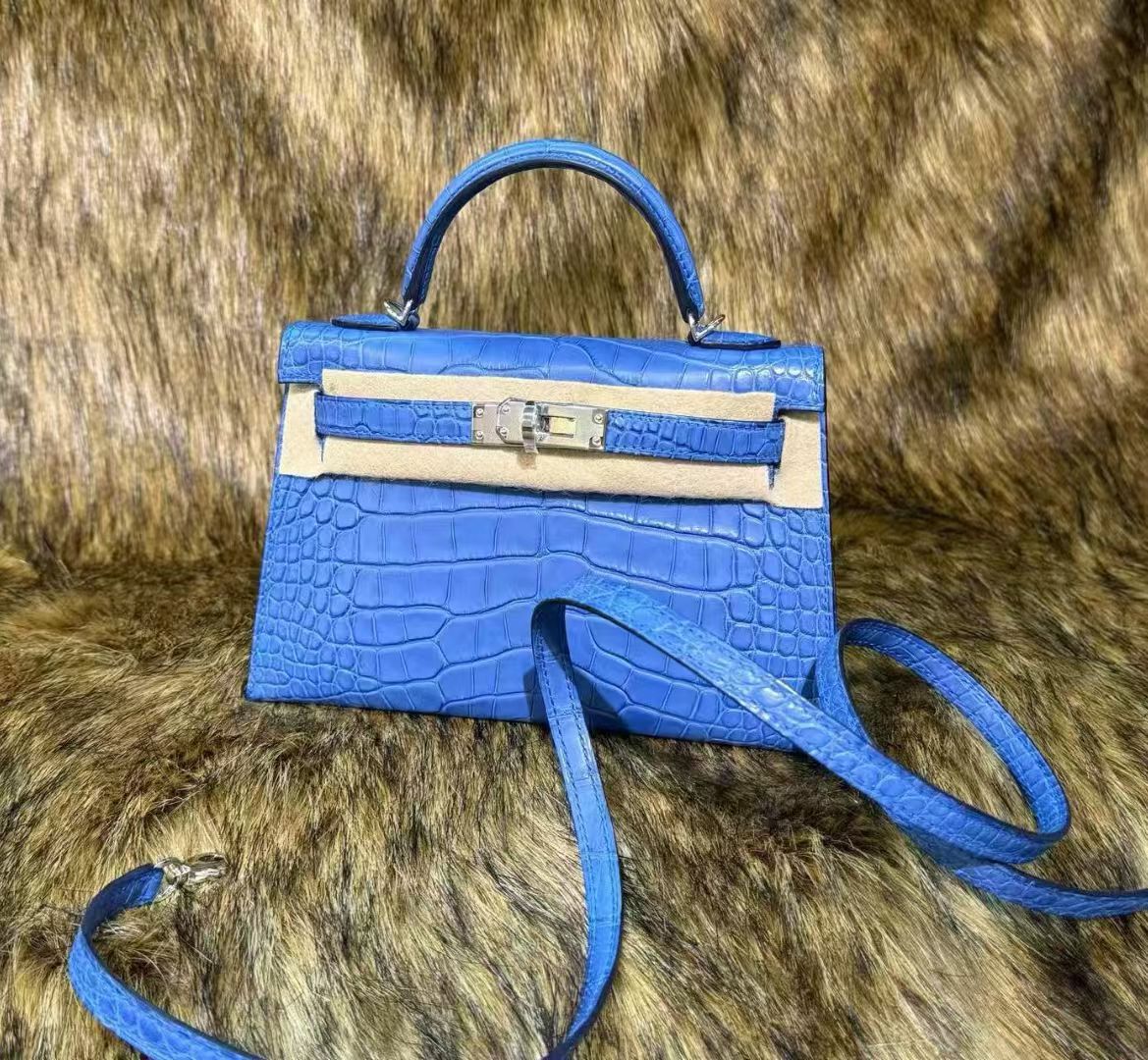 Hermes Mini Kelly 20 Bleu Zellige Matte Alligator Palladium hardware