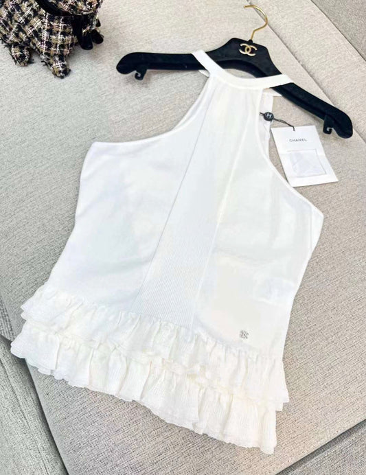 Chanel 24s white ruffle top size 36 brand new with tags