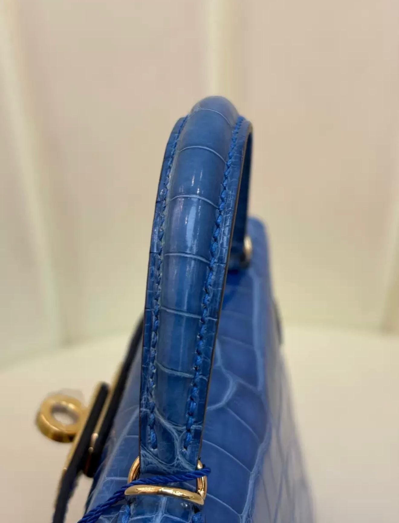 Hermes Mini Kelly 20 Blue Zellige Shiny crocodile leather gold