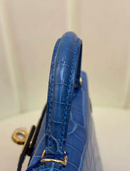 Hermes Mini Kelly 20 Blue Zellige Shiny crocodile leather gold hardware