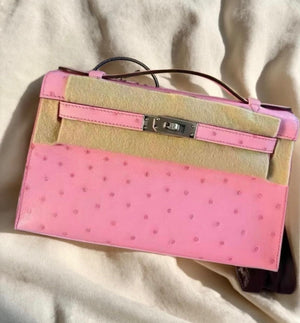Hermes Kelly Pochette Bubblegum Ostrich Palladium hardware