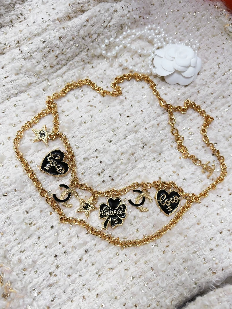 Chanel 24P Vintage Gold Double C Enamel Heart, Star, and Four-Leaf Clover Double Waist Chain