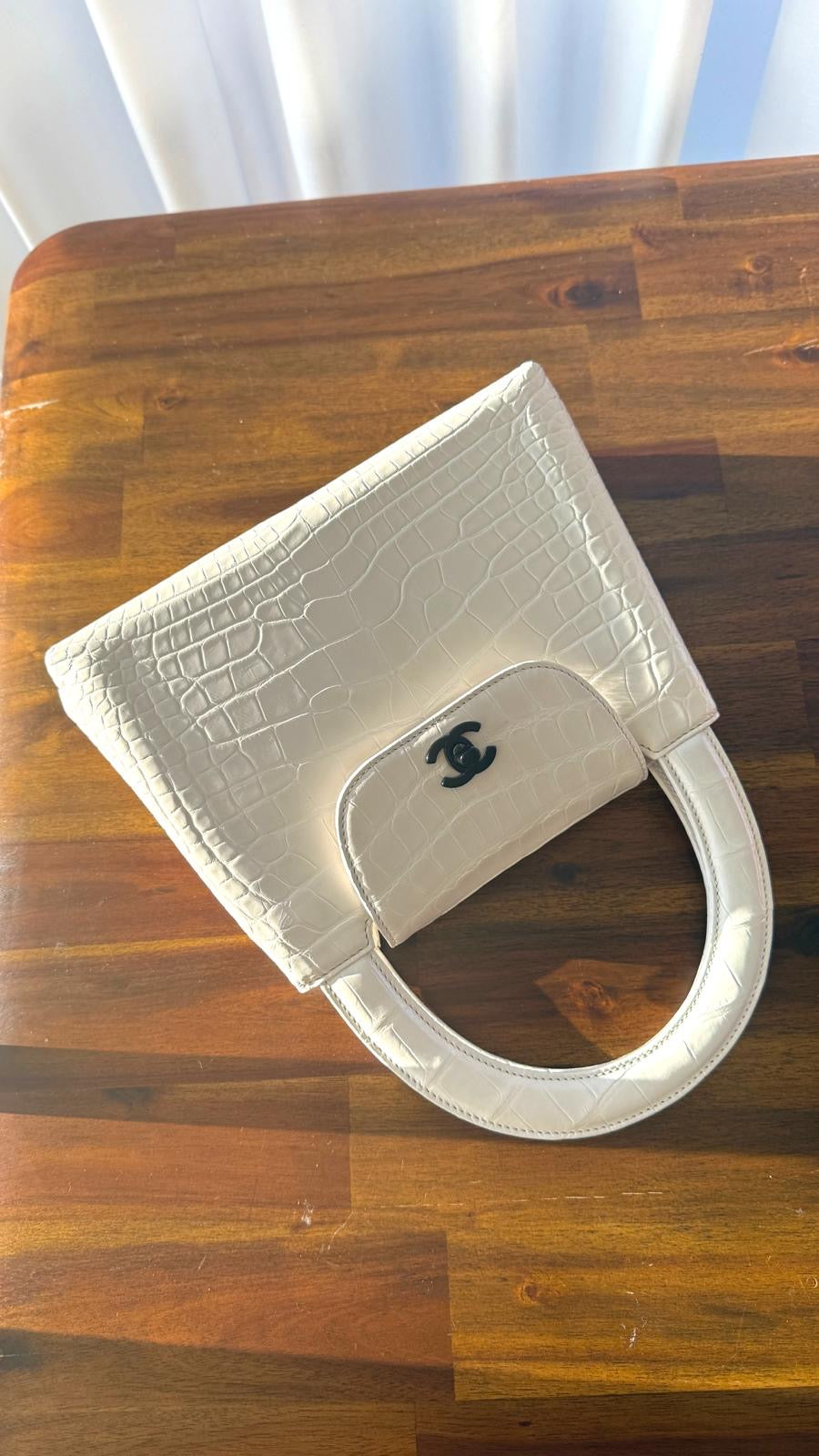 Chanel Vintage White Alligator Medium Kelly Black Hardware— Ultra-Rare House Exotic