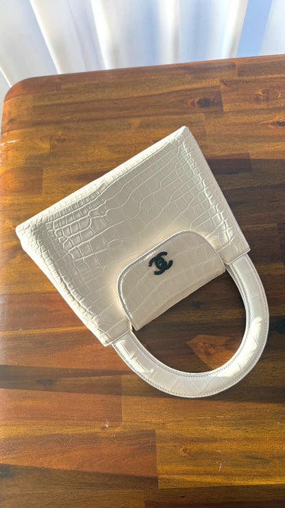Chanel Vintage White Alligator Medium Kelly Black Hardware— Ultra-Rare House Exotic