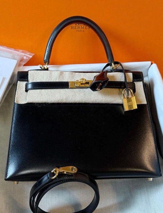 Hermes Kelly 25 Black Box Gold hardware