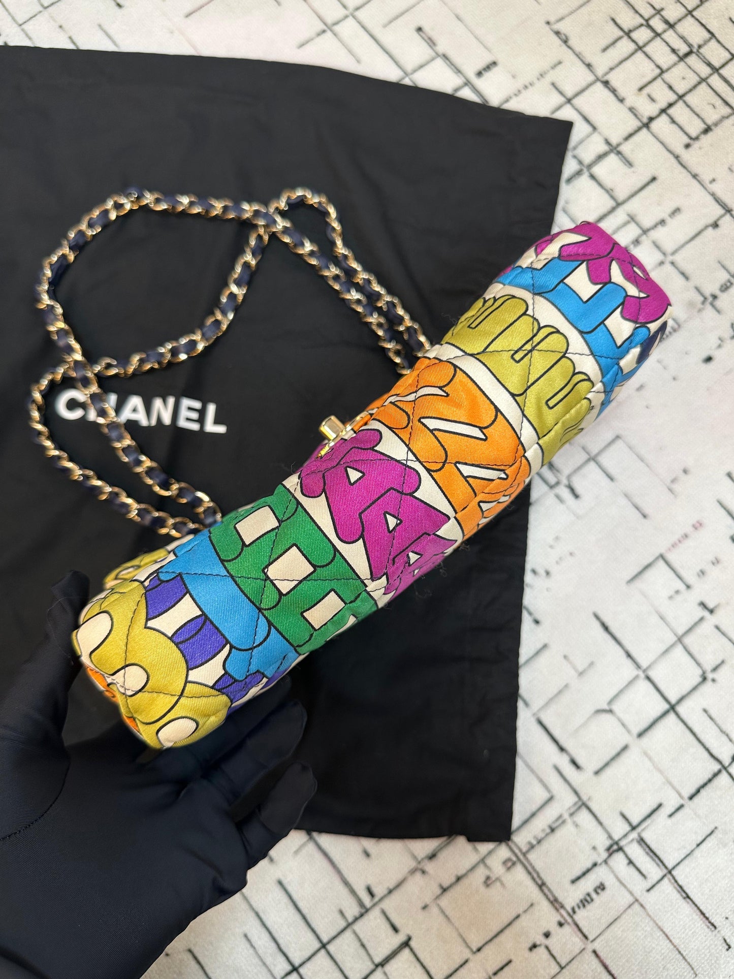 Chanel Medium Flap Bag Multicolor Rainbow Logo Nylon Light Gold Hardware