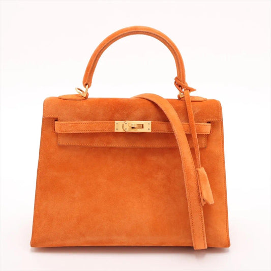 Hermes Kelly 25 Orange Doblis Suede Leather Gold Hardware