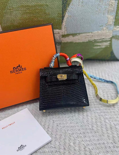 HERMES MICRO KELLY TWILLY BAG CHARM BLACK LIZARD GOLD HARDWARE