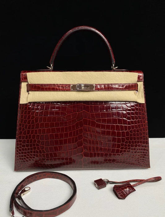 Hermes Kelly 35 Burgundy Shiny Crocodile Porosus Gold Hardware
