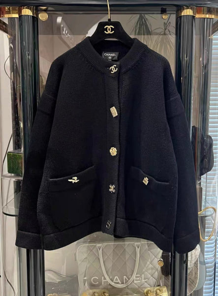 Chanel 22B multi-element cashmere cardigan, black with light gold