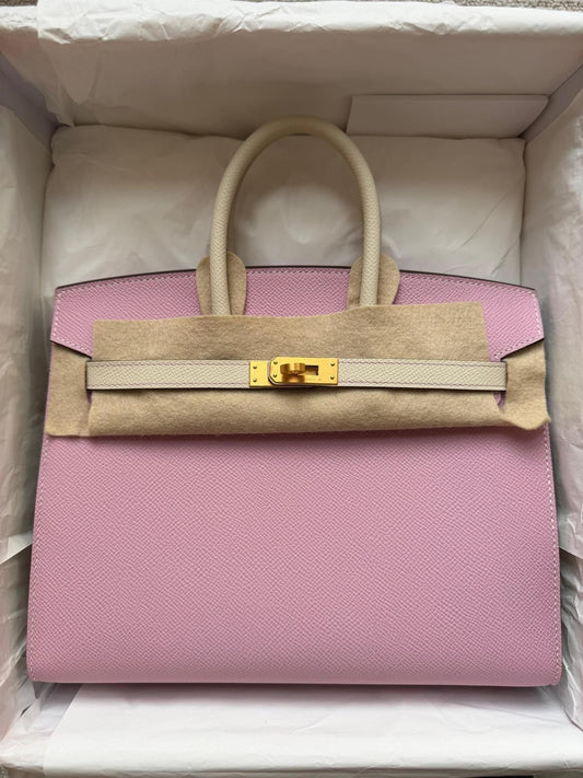 Hermes Birkin 25 HSS Mauve Sylvester / Craie Epsom Sellier Brushed gold hardware